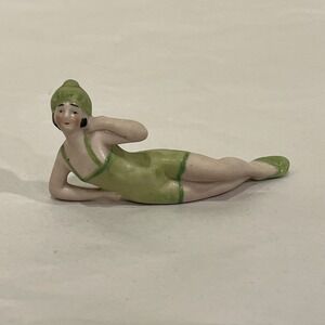 Antique German Art Deco Bisque Bathing Beauty Green Suit Cap Laying Germany 5684